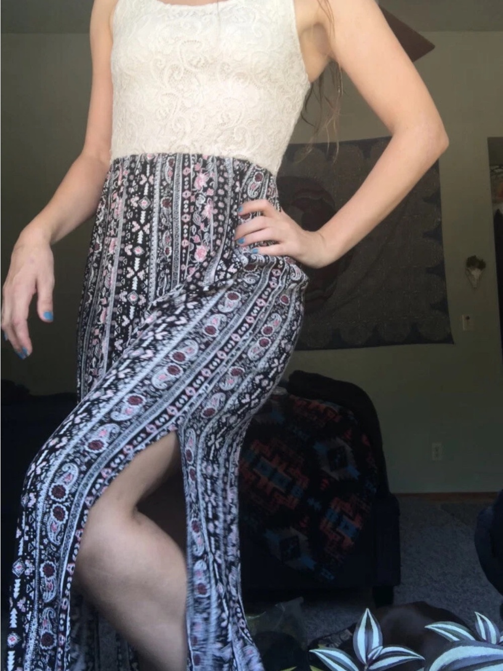 1990s style boho Maurices White Lace Top Black Patterned Maxi Dress Pink Accents